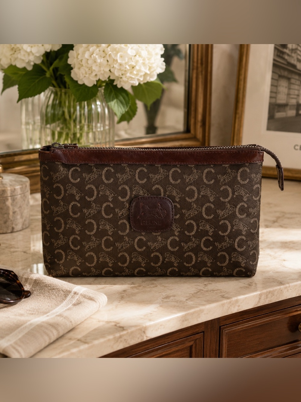 Authentic Vintage Celine Monogram Canvas Travel Toiletry Pouch Cosmetic Bag